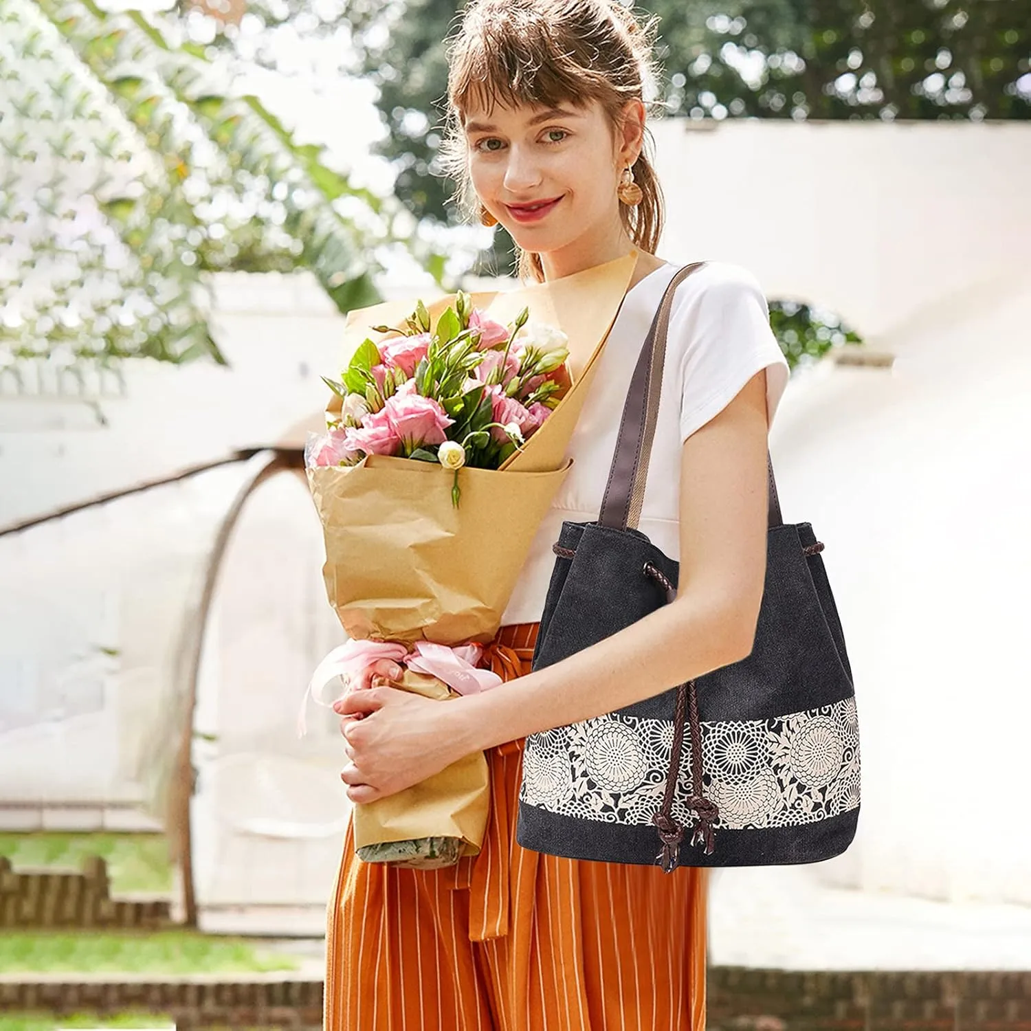 PORRASSO Women Shoulder Bag Canvas Tote Bag Retro Drawstring Bucket Bag Ladies