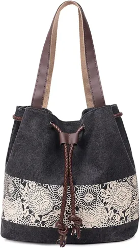 PORRASSO Women Shoulder Bag Canvas Tote Bag Retro Drawstring Bucket Bag Ladies