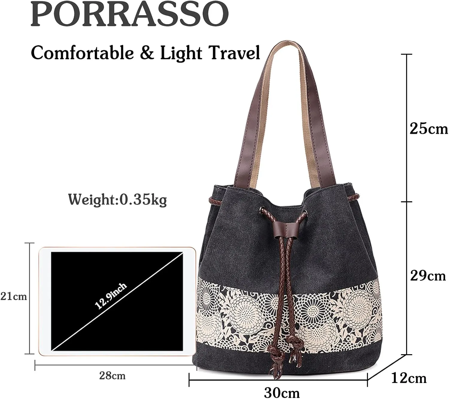 PORRASSO Women Shoulder Bag Canvas Tote Bag Retro Drawstring Bucket Bag Ladies