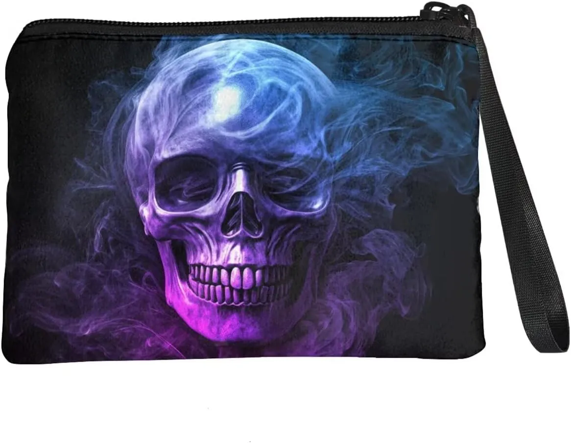 Purple Skull Coins Purse for Men, Change Purse Wallet Portable Strap Wallet Bag Headphones Holder Clutch Case with Wristlet Strap for Travel