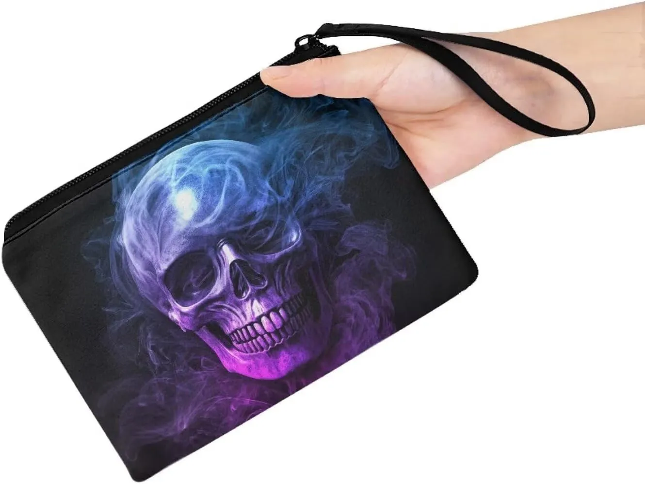 Purple Skull Coins Purse for Men, Change Purse Wallet Portable Strap Wallet Bag Headphones Holder Clutch Case with Wristlet Strap for Travel
