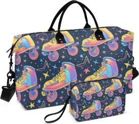 Retro Rollers Skates Disco Stars Travel Duffle Bag,Large Weekender Travel Bag for Women Men Waterproof Luggage Bag with Trolley Sleeve,Airplane Travel Essentials for Flying