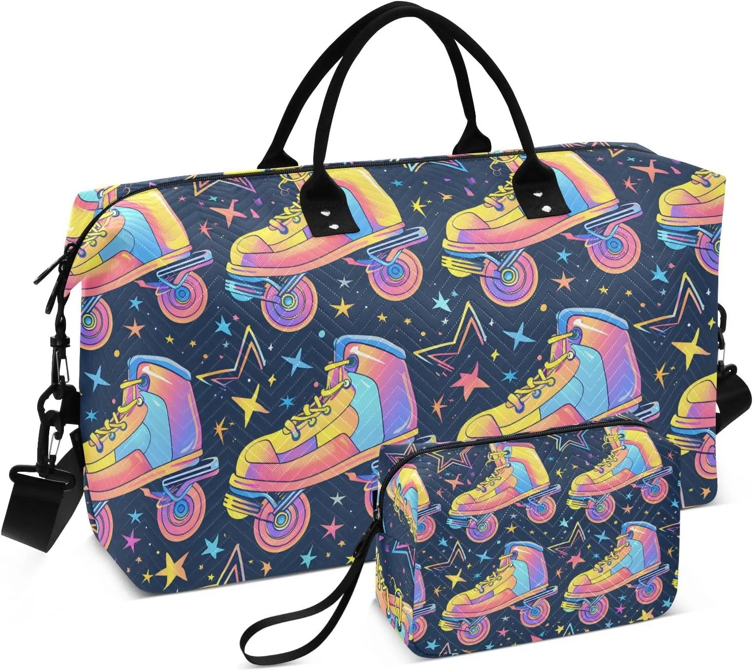 Retro Rollers Skates Disco Stars Travel Duffle Bag,Large Weekender Travel Bag for Women Men Waterproof Luggage Bag with Trolley Sleeve,Airplane Travel Essentials for Flying