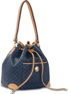 Rioni STA-20089 Designer Signature Navy Blue Canvas Leather Drawstring Bucket Bag Shoulder Bag