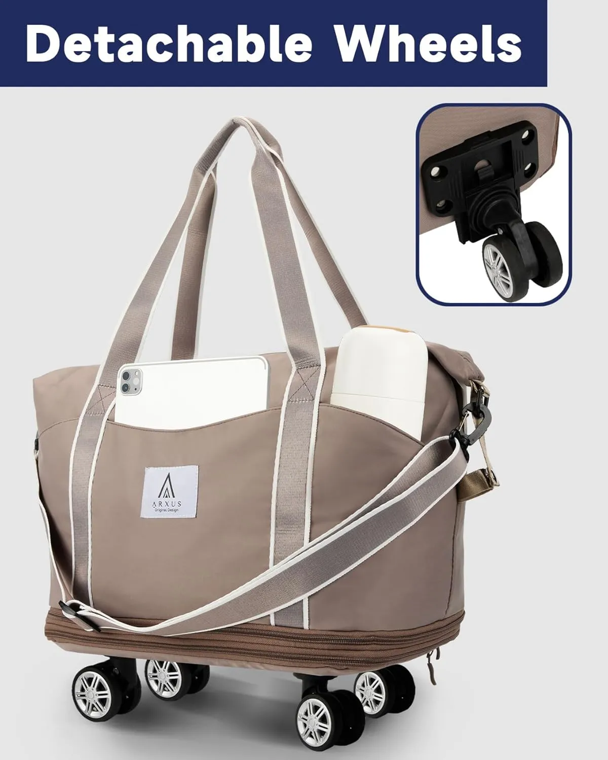 Rolling Duffle Bag with Detachable Wheels and Adjustable Shoulder Strap, Large Expandable Foldable Carry On Luggage Bag with Handle and Suitcase Sleeve, Weekend Travel Airplane 25L-55L