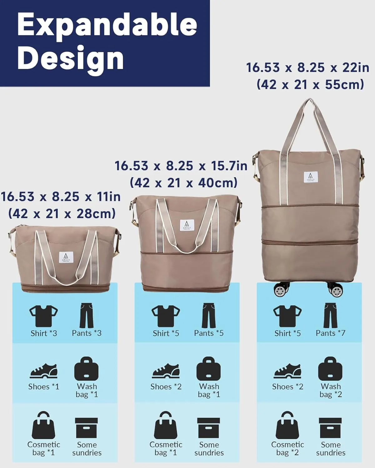 Rolling Duffle Bag with Detachable Wheels and Adjustable Shoulder Strap, Large Expandable Foldable Carry On Luggage Bag with Handle and Suitcase Sleeve, Weekend Travel Airplane 25L-55L