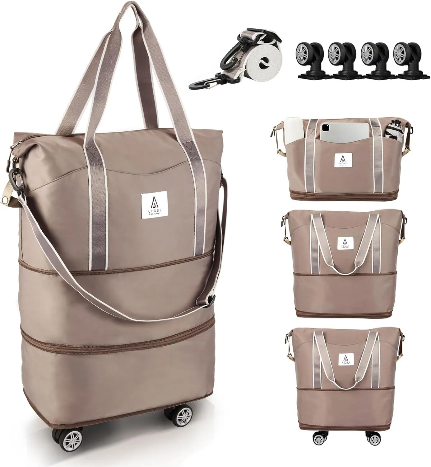 Rolling Duffle Bag with Detachable Wheels and Adjustable Shoulder Strap, Large Expandable Foldable Carry On Luggage Bag with Handle and Suitcase Sleeve, Weekend Travel Airplane 25L-55L