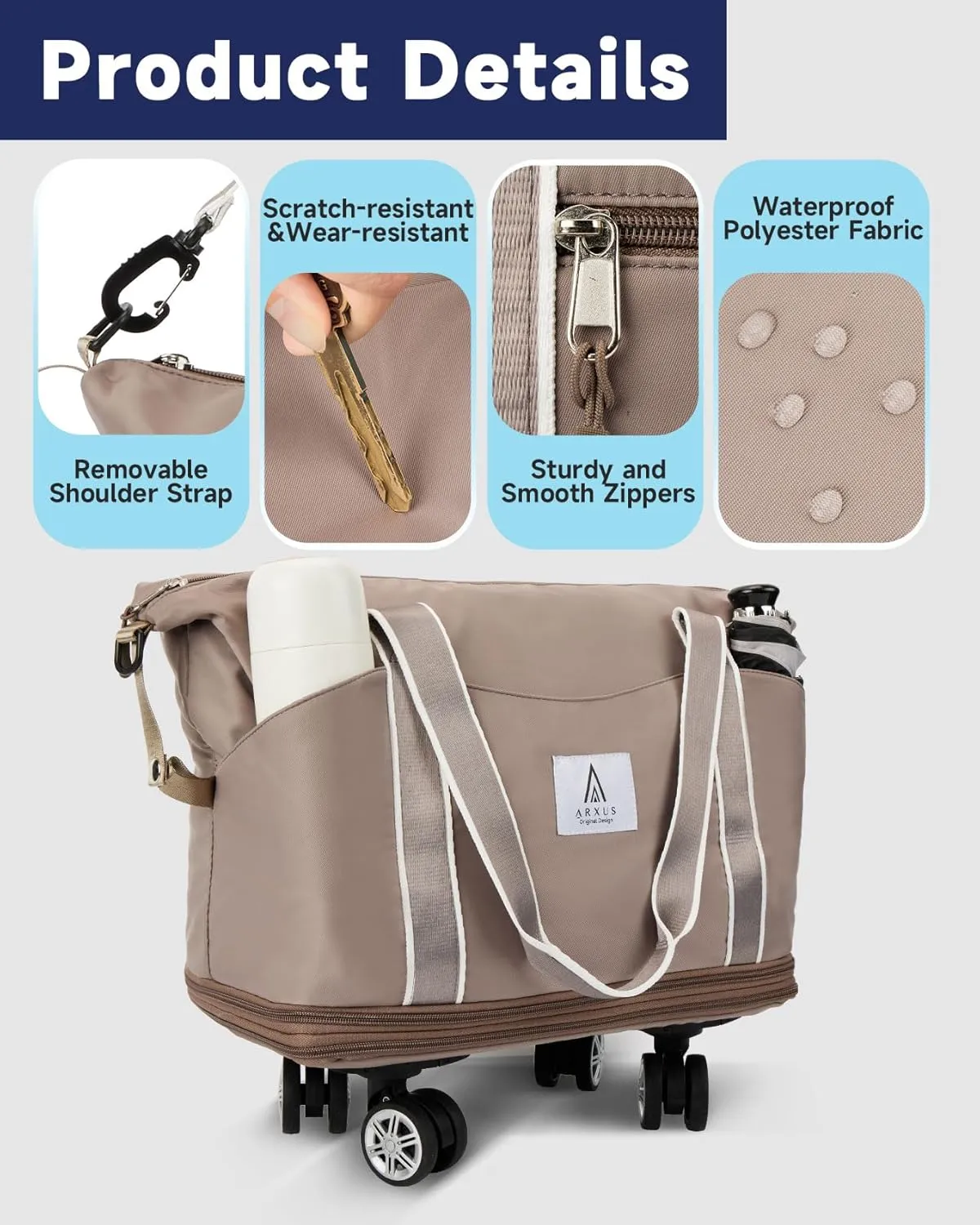 Rolling Duffle Bag with Detachable Wheels and Adjustable Shoulder Strap, Large Expandable Foldable Carry On Luggage Bag with Handle and Suitcase Sleeve, Weekend Travel Airplane 25L-55L