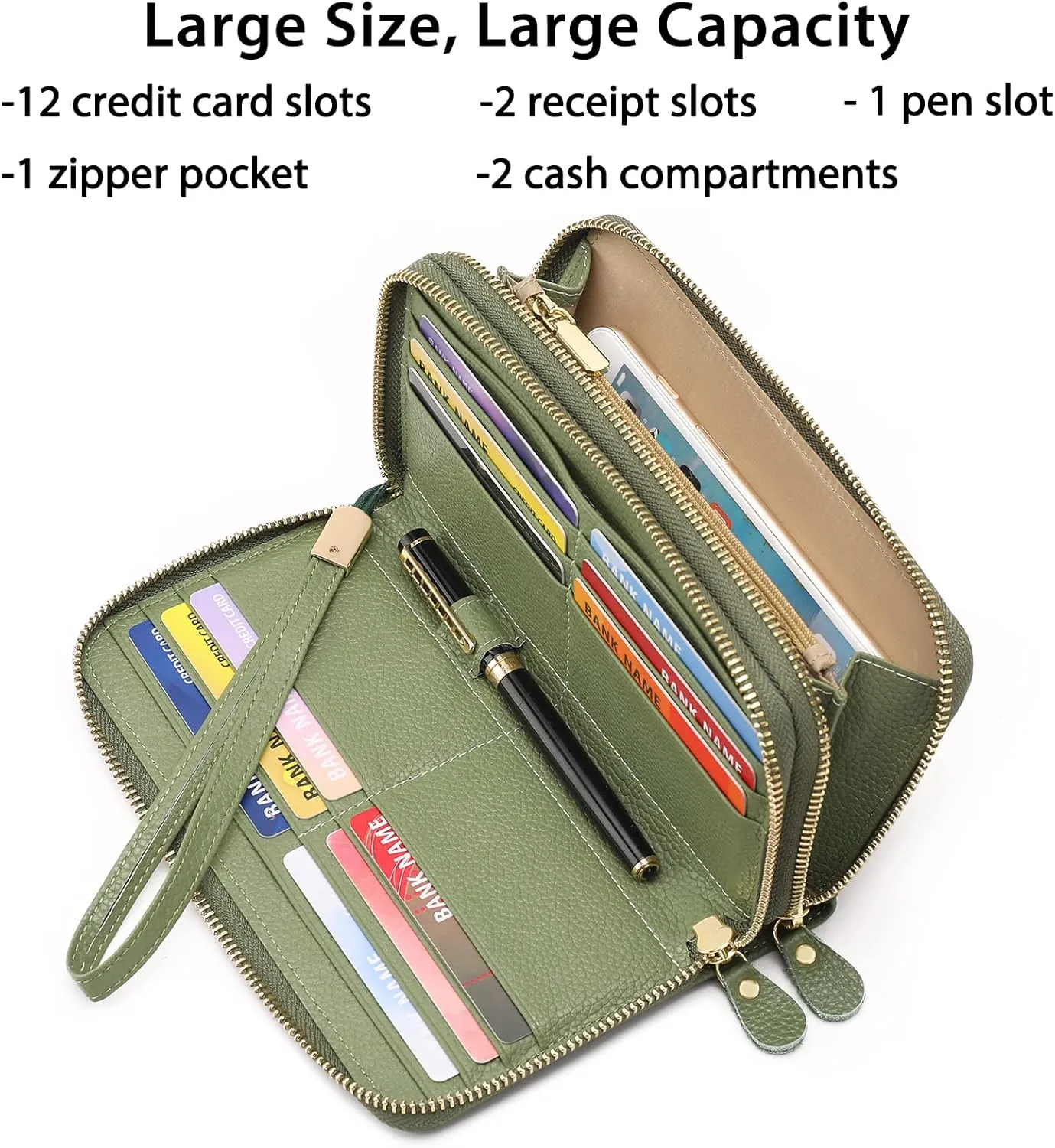 SENDEFN Leather Women Wallet RFID Blocking Zipper Around Phone Holder Clutch Wristlet Large Capacity