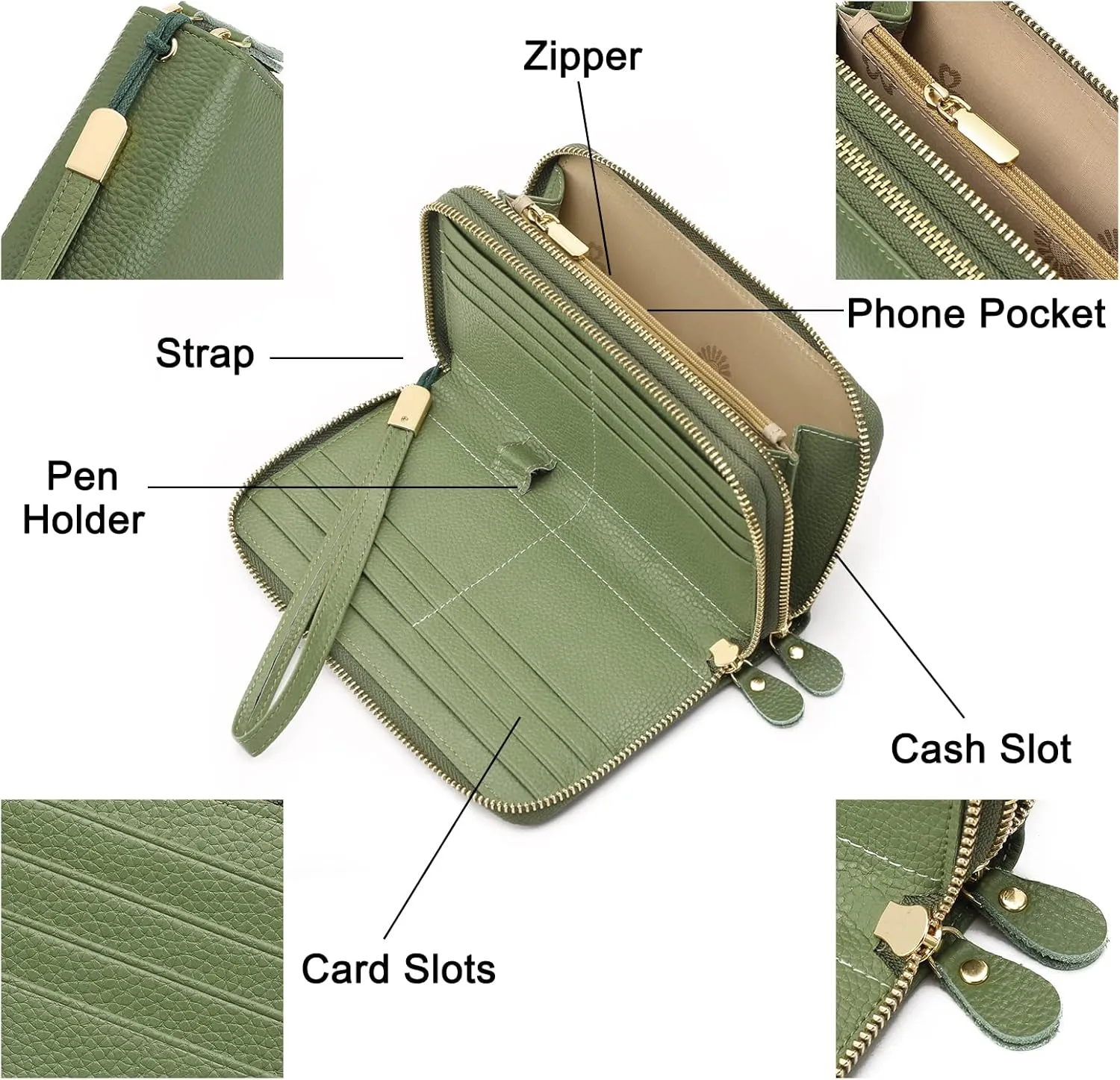 SENDEFN Leather Women Wallet RFID Blocking Zipper Around Phone Holder Clutch Wristlet Large Capacity