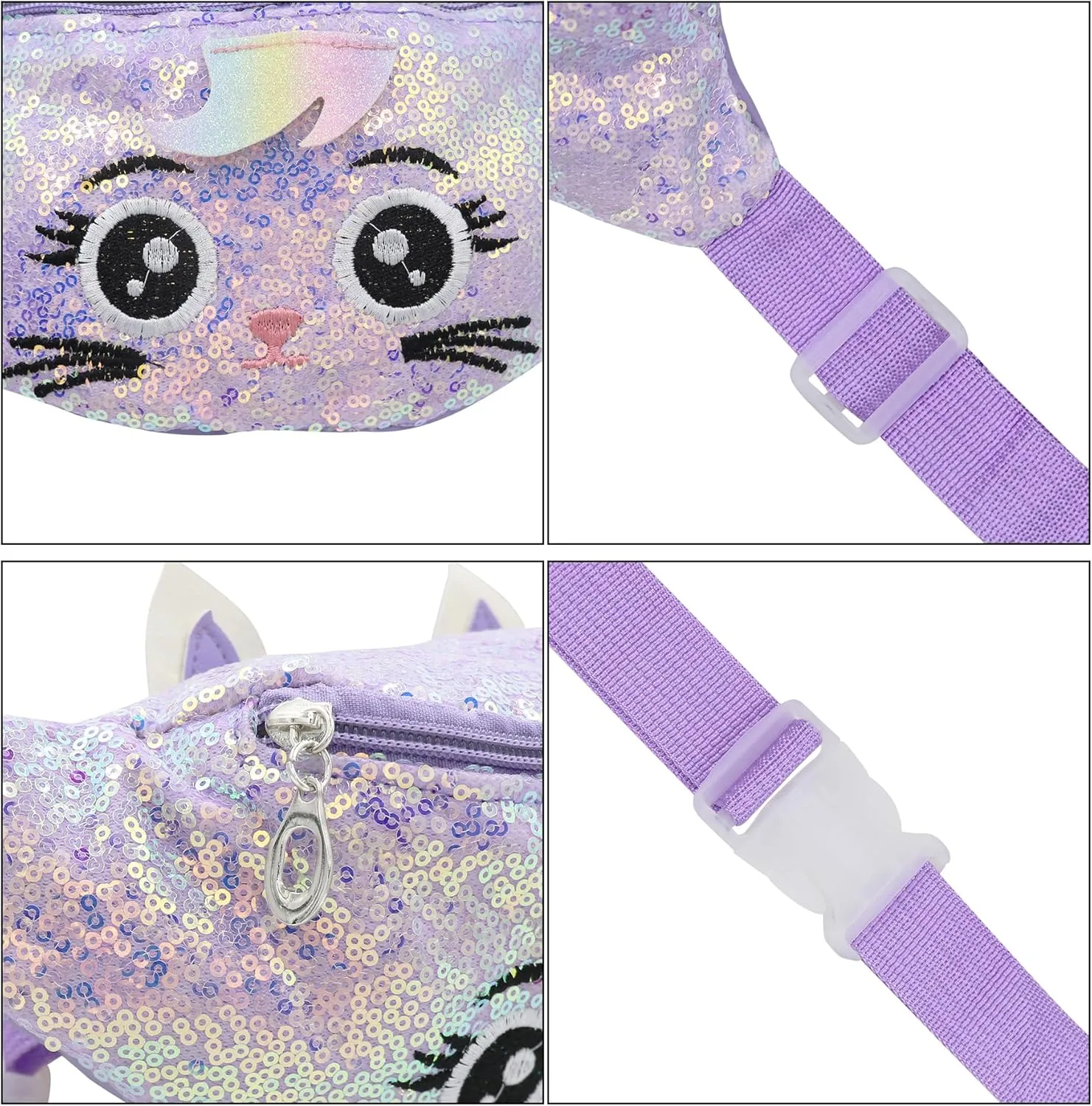 Sequins Cute Cat Fanny Pack Unicorn Crossbody Shoulder Bag for Girls Sling Bag Animal Chest bag Belt Bag