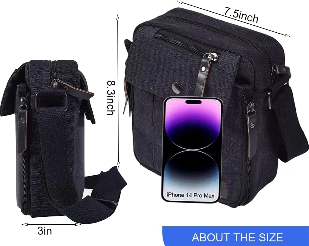 Small Canvas Messenger Bag Chest Bag Travel Bag, Mini Crossbody Bag Shoulder Bag for Men Women Multi Pocket Purses