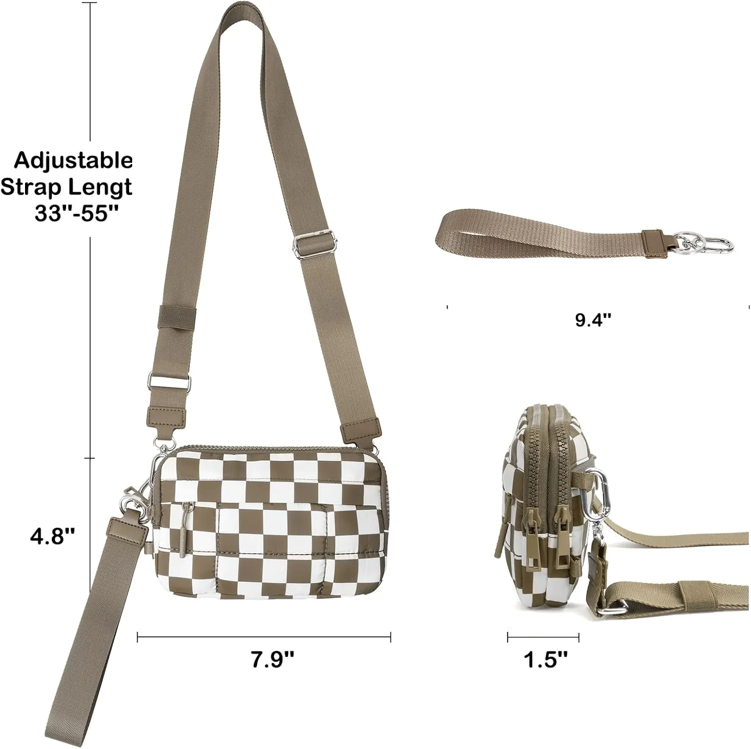 Small Crossbody Bags for Women Nylon Quilted Wristlet RFID Wallets with 4 Zipper Carry All Purse Credit Card Holder