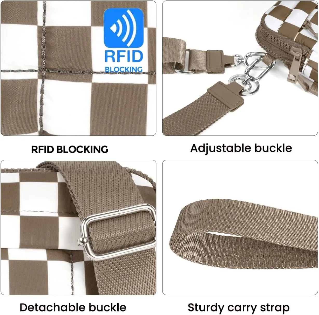 Small Crossbody Bags for Women Nylon Quilted Wristlet RFID Wallets with 4 Zipper Carry All Purse Credit Card Holder