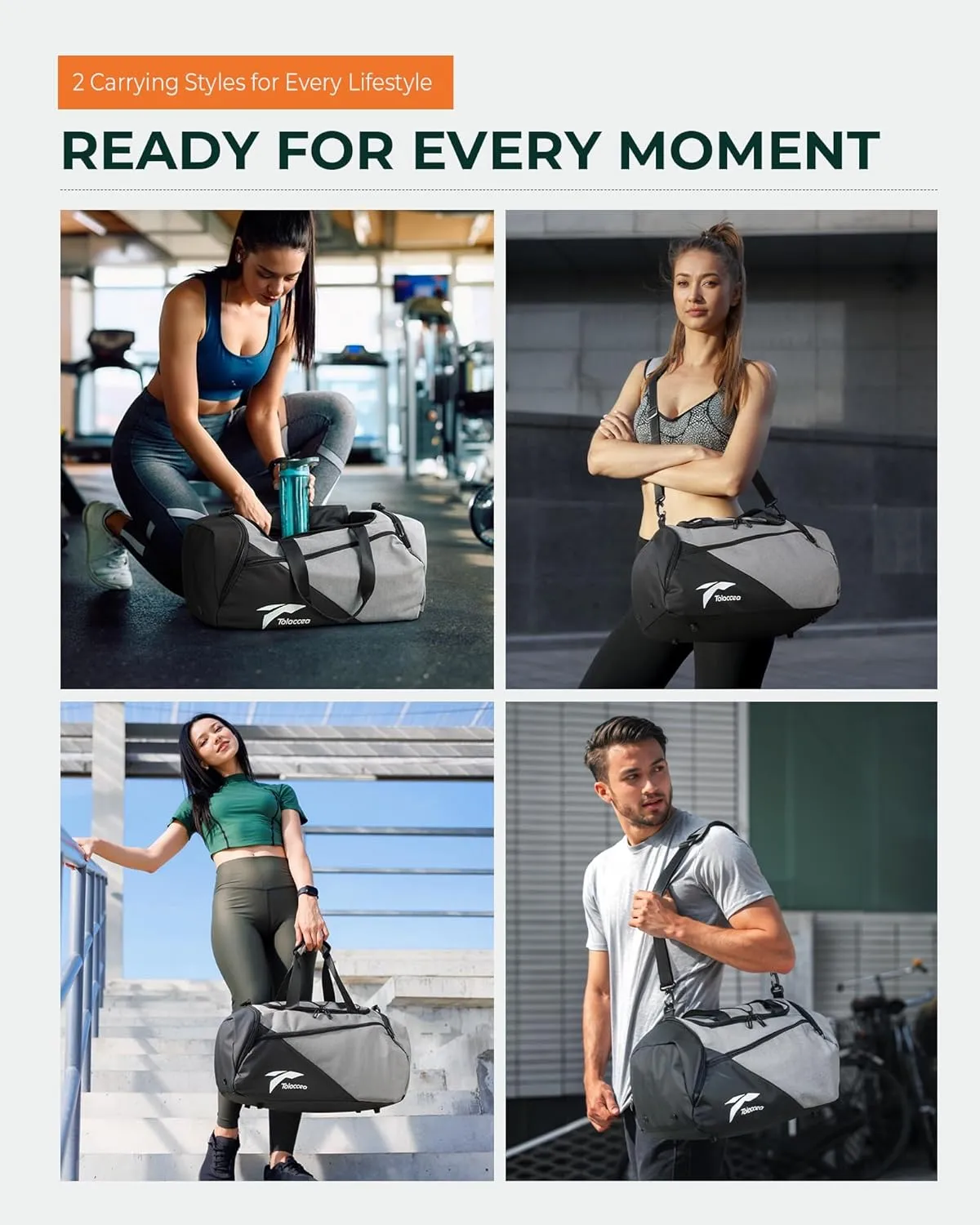 Tolaccea Gym Bag for Men Women, Small Sport Duffel Bag with Shoe Compartment Wet Compartment, Travel Duffel Bag, Weekend Bag Carry On Backpack for Gym, Travel, Fitness, Workout (Grey, 35L)