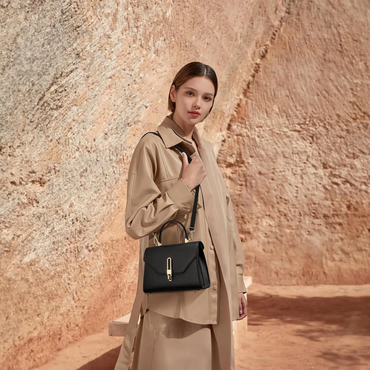 Top Handle Bag Fashion Leather Satchel Bag for Ladies, Zipper Pocket, Metal，Leather tote bag for Women.