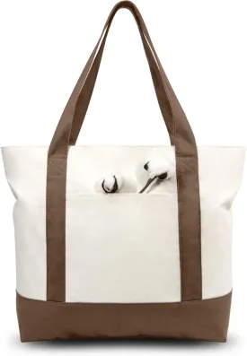 TOPDesign 1-Pack Canvas Tote Bag with an External Pocket, Reusable Grocery Shopping Bag, Top Zipper Closure, Daily Essentials (Brown/Natural)