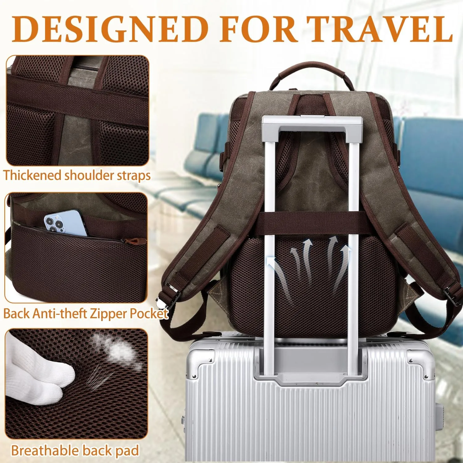 Travel Backpack for Men, Carry On Backpack, Flight Approved Personal Item, 17 inch Laptop Backpack, Light Green