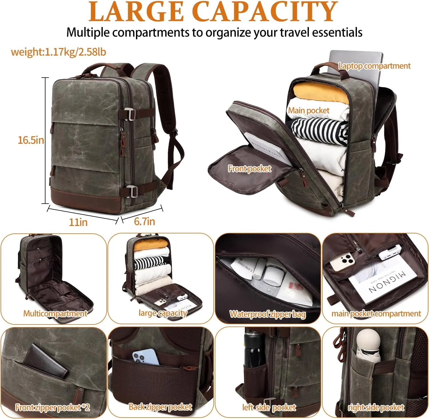 Travel Backpack for Men, Carry On Backpack, Flight Approved Personal Item, 17 inch Laptop Backpack, Light Green