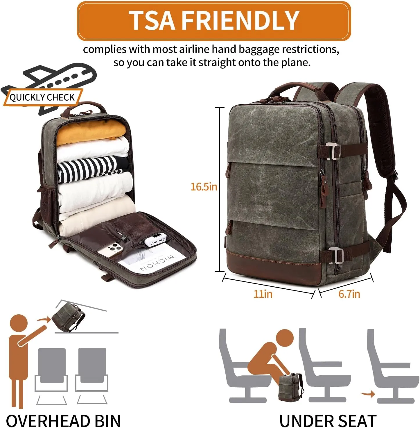 Travel Backpack for Men, Carry On Backpack, Flight Approved Personal Item, 17 inch Laptop Backpack, Light Green