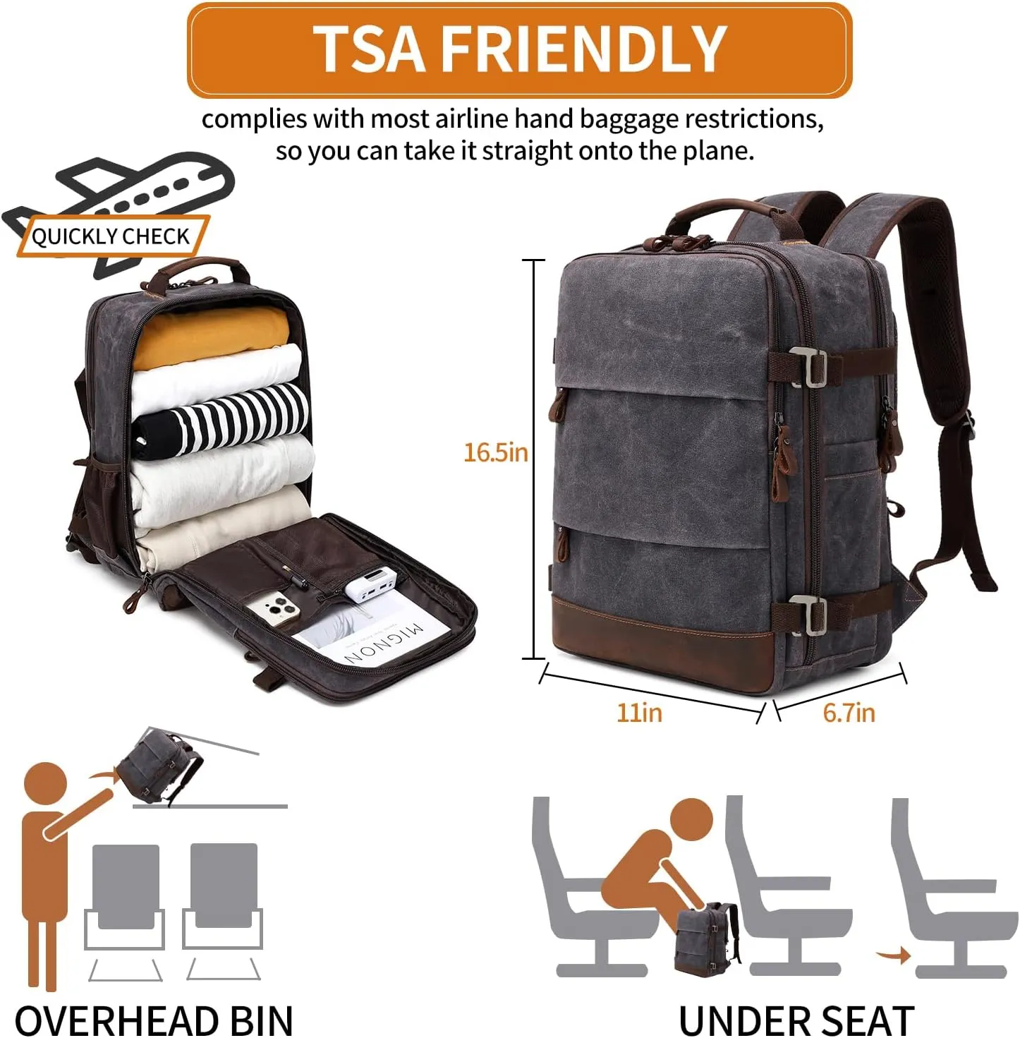 Travel Backpack for Men Carry On Backpack Flight Approved Personal Item Backpack, 17 inch Laptop Backpack Casual Daypack Weekender Business Hiking Backpack, Black Gray