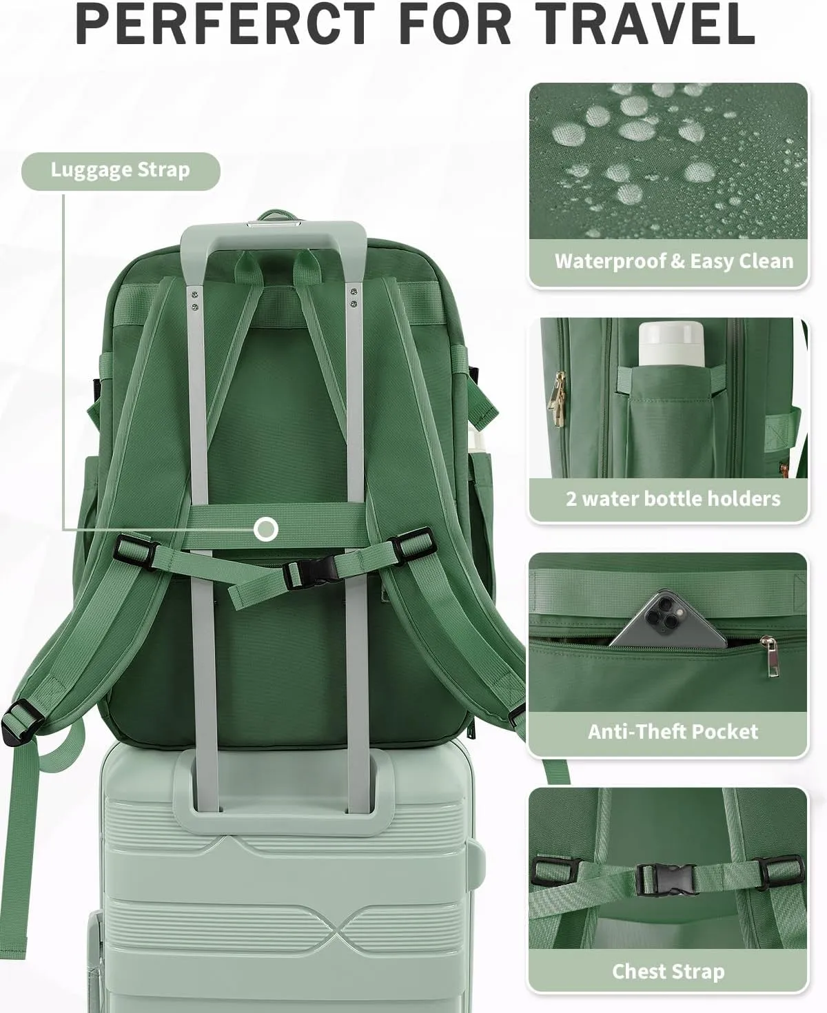Travel Backpack for Women Men, 40L Carry on Flight Approved Backpack, Personal Item Travel Bag with Multi-Pockets, Waterproof Travel Bag Fits 17 Inch Laptop, Gift for Weekender, College, Work, Green