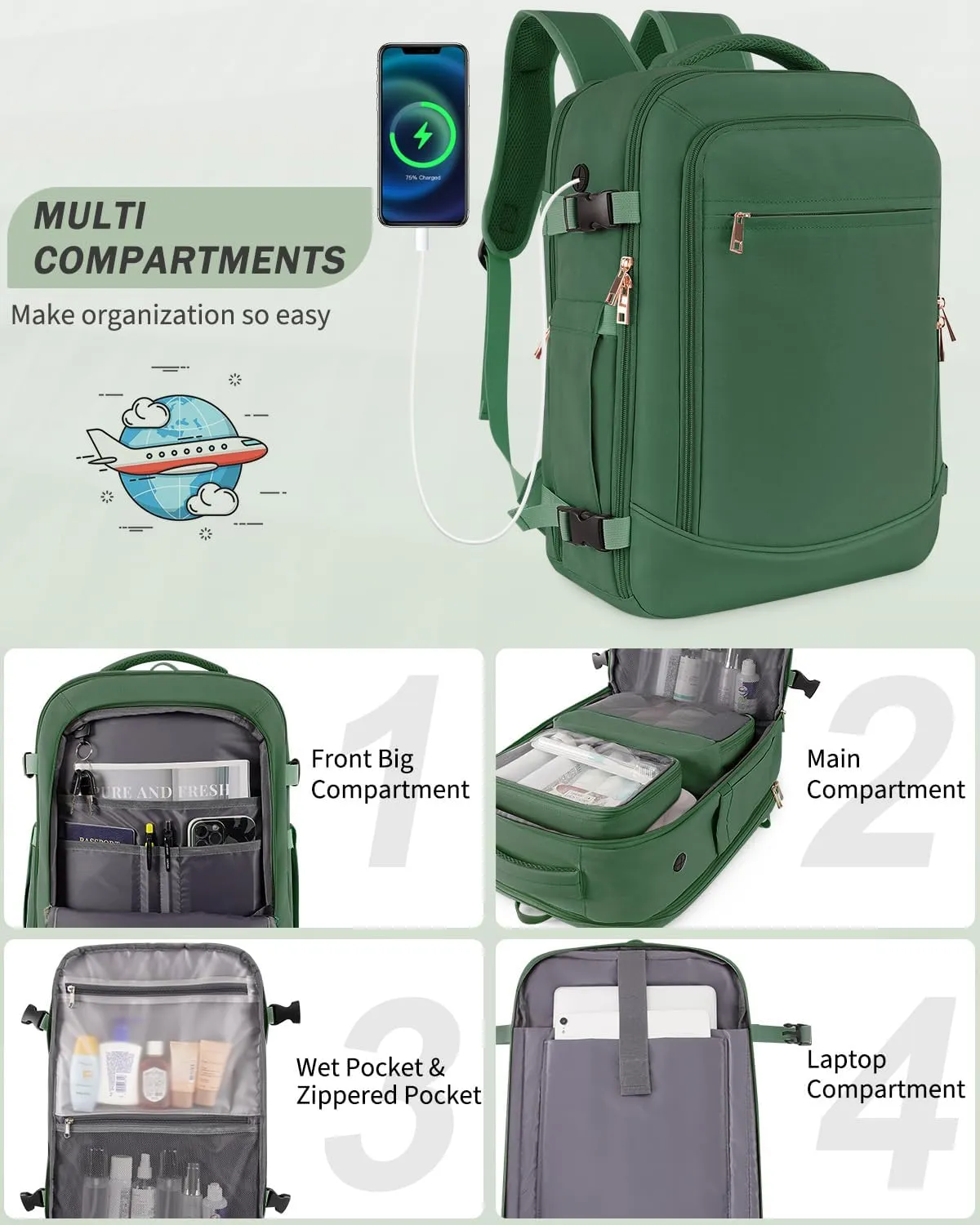 Travel Backpack for Women Men, 40L Carry on Flight Approved Backpack, Personal Item Travel Bag with Multi-Pockets, Waterproof Travel Bag Fits 17 Inch Laptop, Gift for Weekender, College, Work, Green