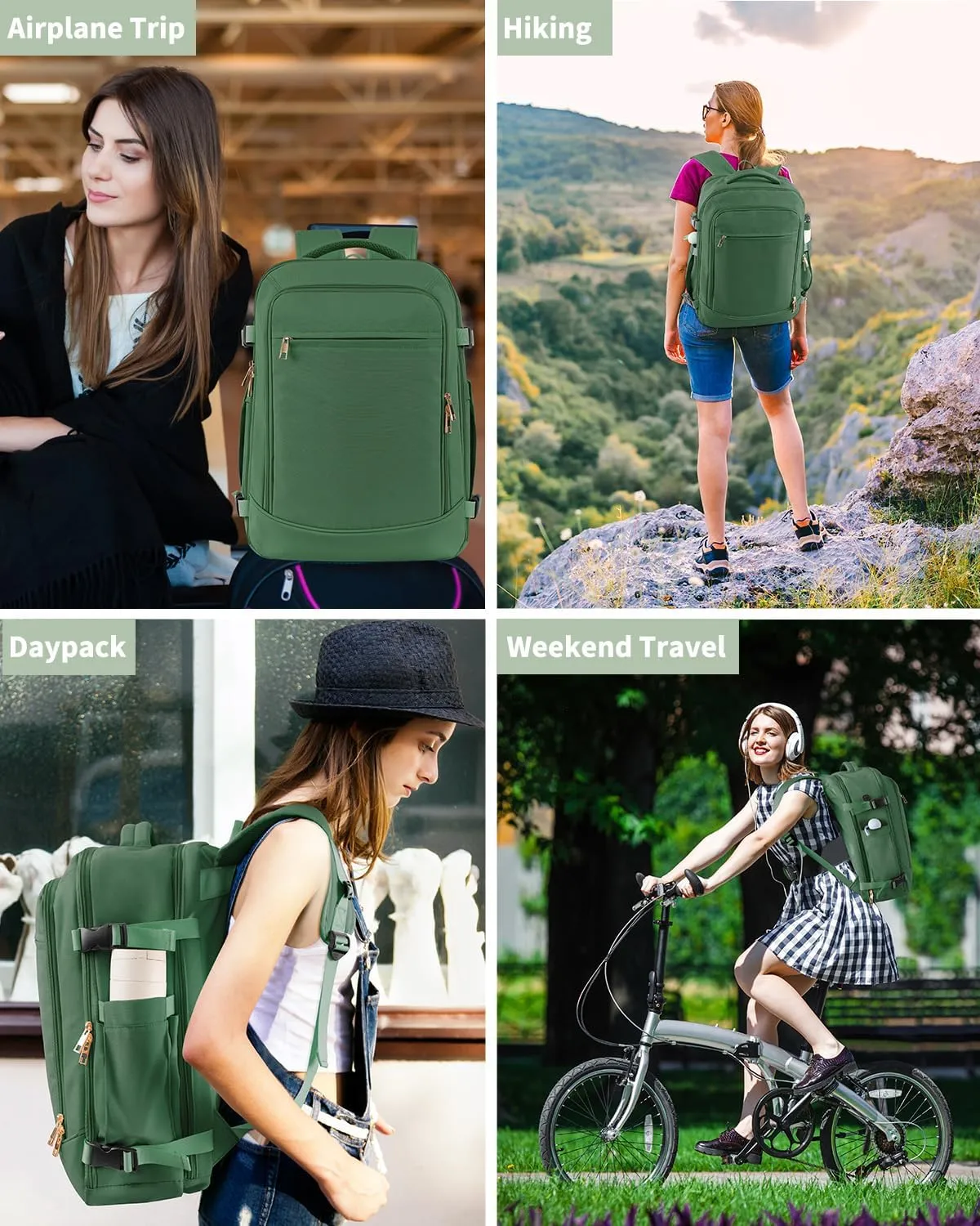 Travel Backpack for Women Men, 40L Carry on Flight Approved Backpack, Personal Item Travel Bag with Multi-Pockets, Waterproof Travel Bag Fits 17 Inch Laptop, Gift for Weekender, College, Work, Green