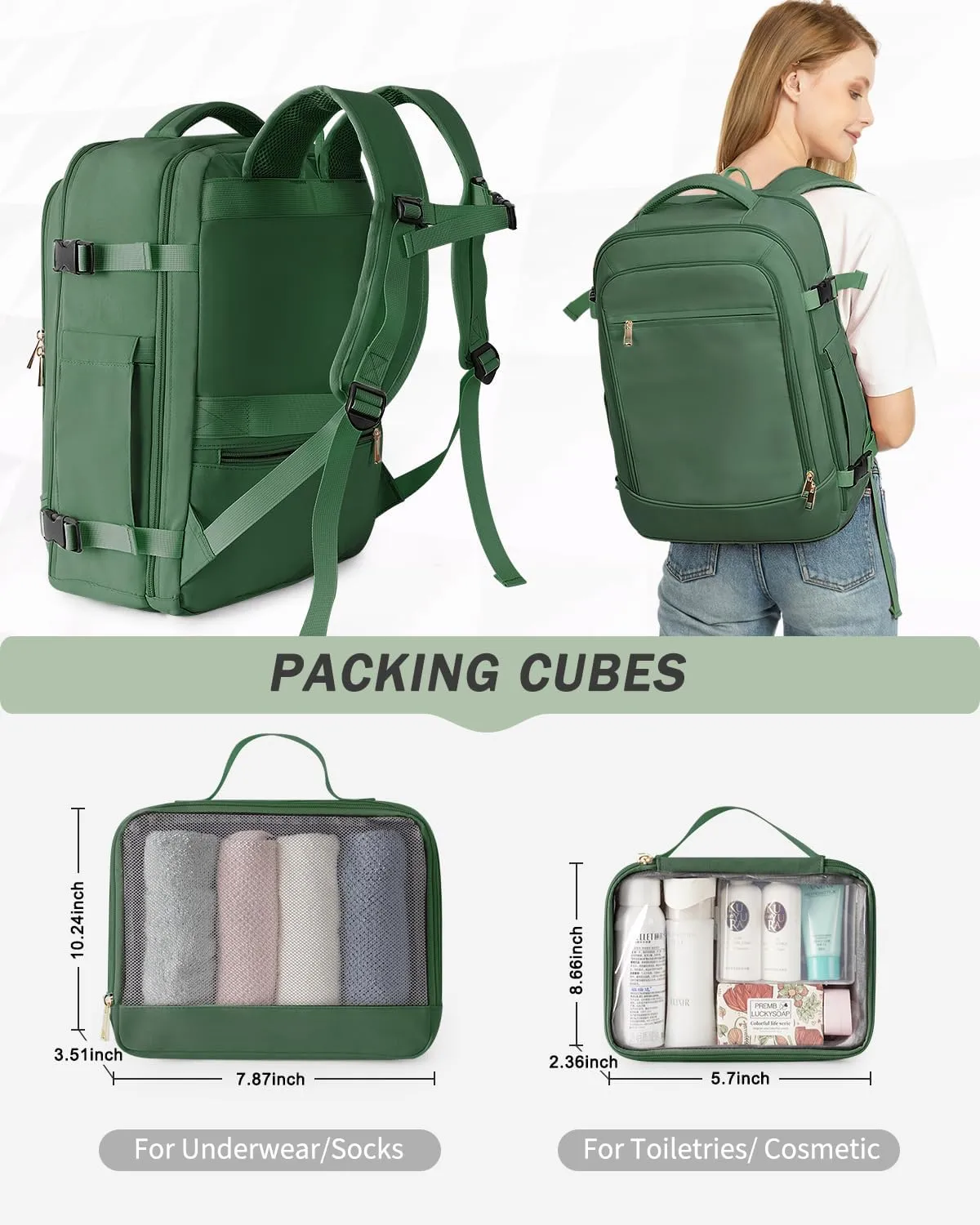 Travel Backpack for Women Men, 40L Carry on Flight Approved Backpack, Personal Item Travel Bag with Multi-Pockets, Waterproof Travel Bag Fits 17 Inch Laptop, Gift for Weekender, College, Work, Green