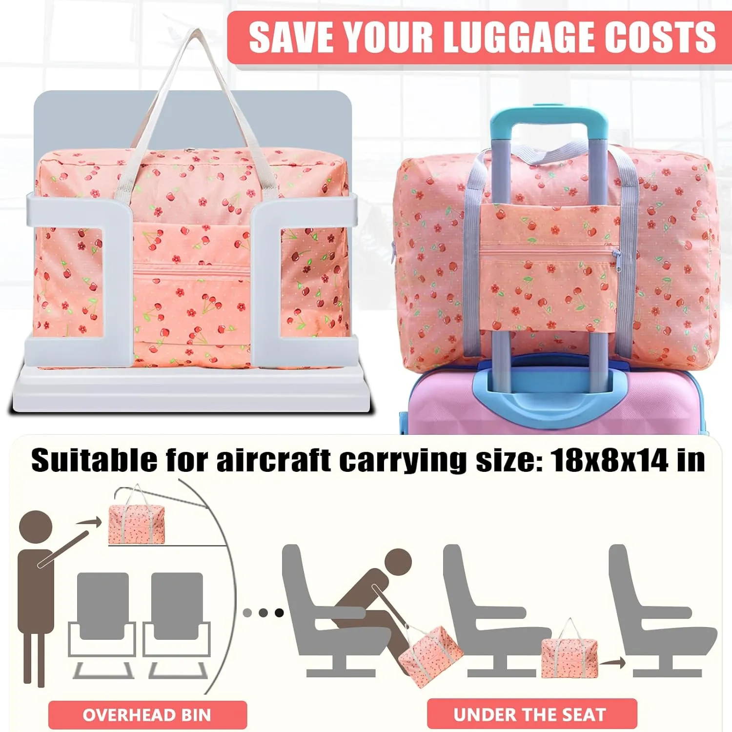 Travel Bag Foldable Luggage Bag Spirit Airlines Personal Item Bag Sports Gym Bag Weekender Overnight Bag Travel Duffel for Women (Pink Cherry)