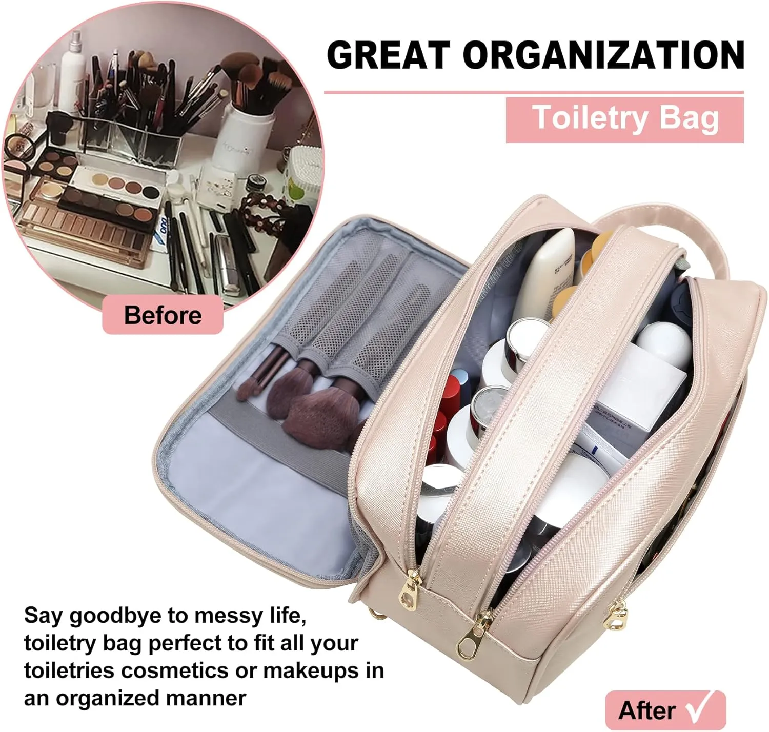 Travel Toiletry Bag for Women, Water-resistant Toiletry Organizer Dopp Kit, Dorm Room Essentials for Girls, Eco Leather Make Up Bag for Toiletries Accessories, Mother's Day Graduation Gifts for Her