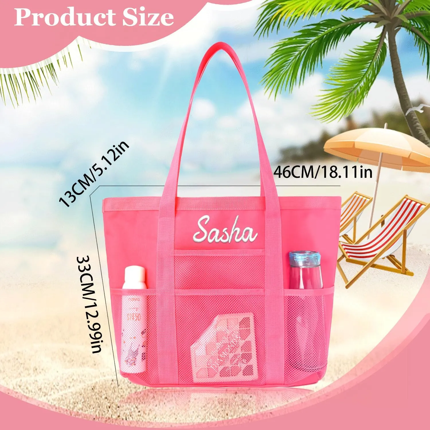 Ulico Personalized Beach Bag Embroidered NameCustom Mesh Tote Bag for Women, Foldable Shoulder Bags for Swimming Pools