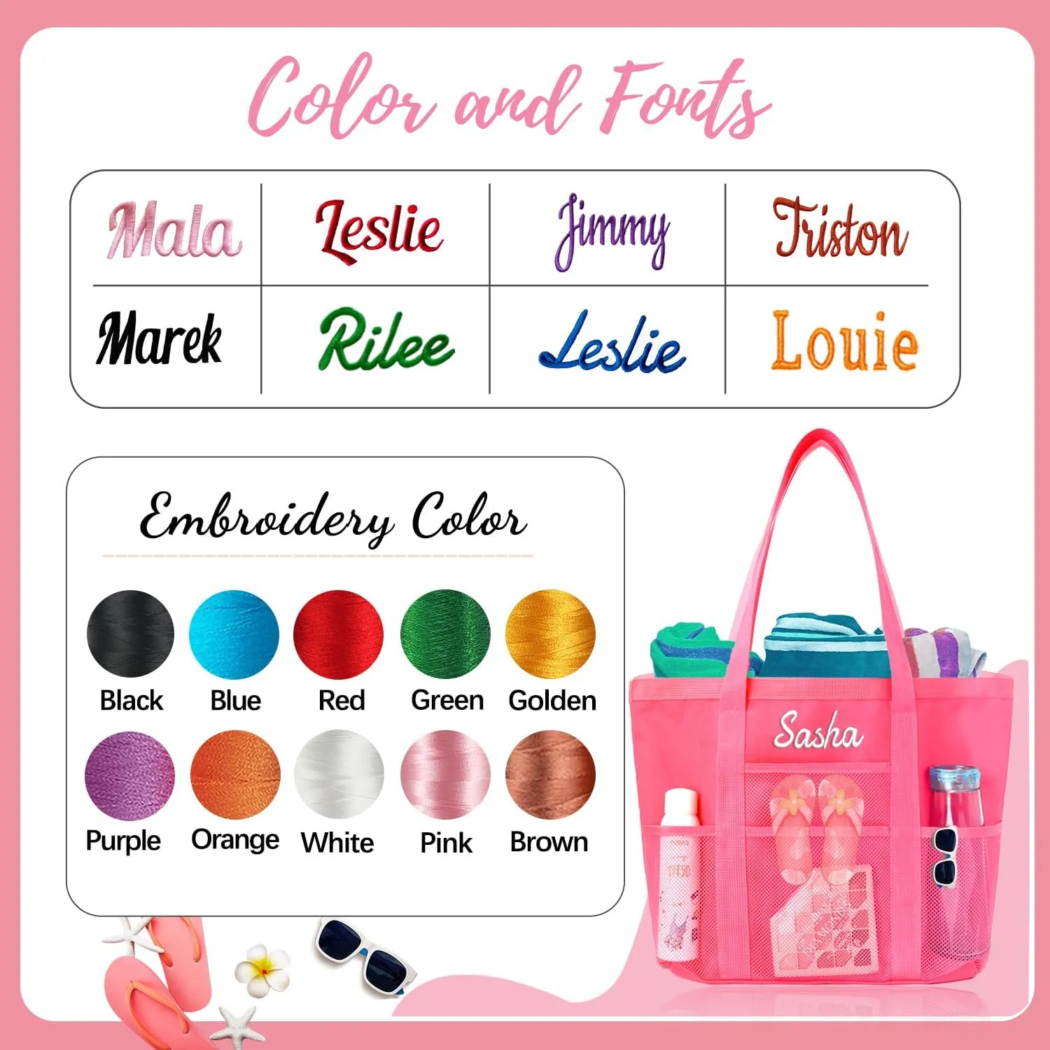 Ulico Personalized Beach Bag Embroidered NameCustom Mesh Tote Bag for Women, Foldable Shoulder Bags for Swimming Pools