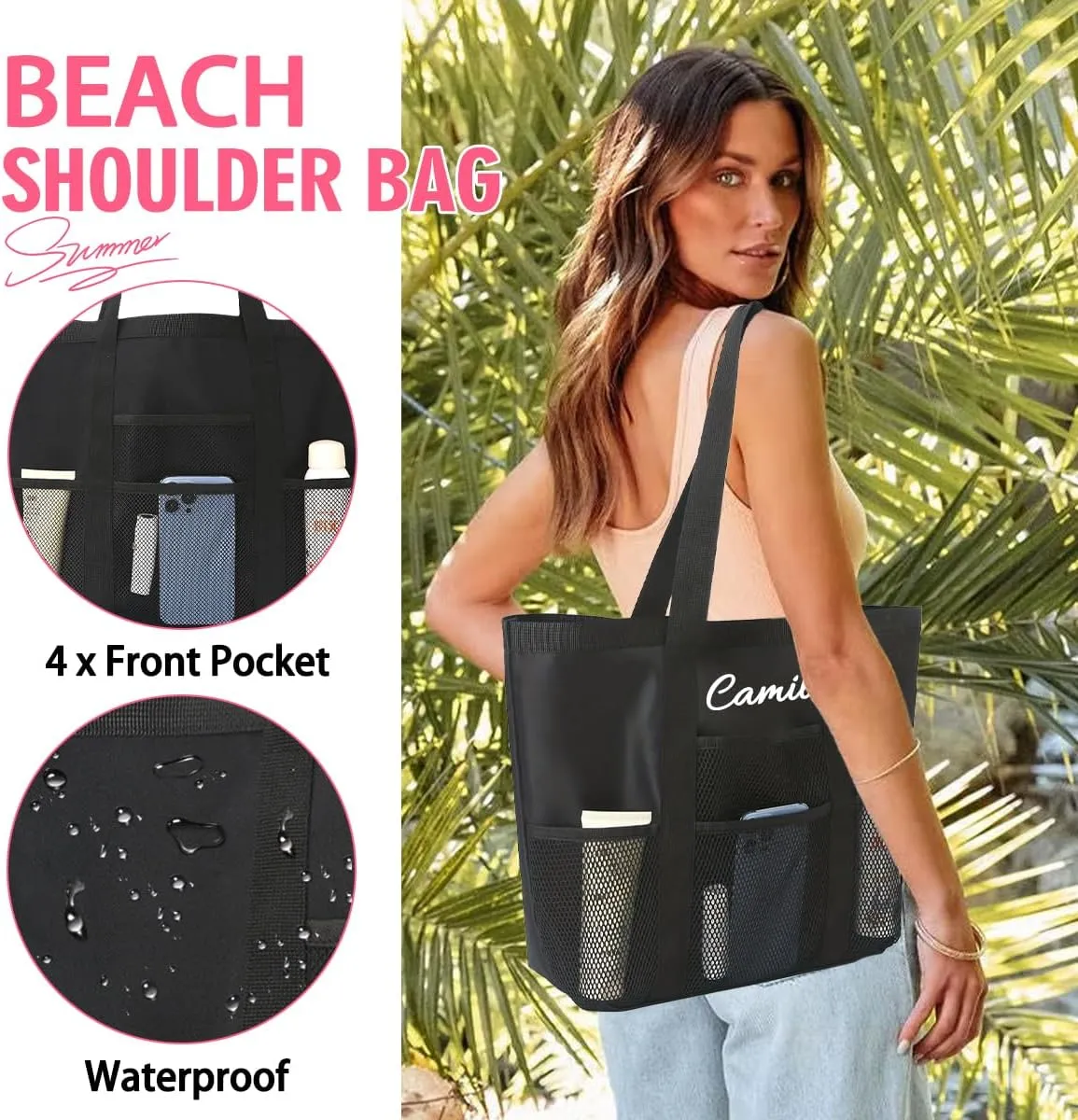 Ulico Personalized Beach Bag Embroidered NameCustom Mesh Tote Bag for Women, Foldable Shoulder Bags for Swimming Pools