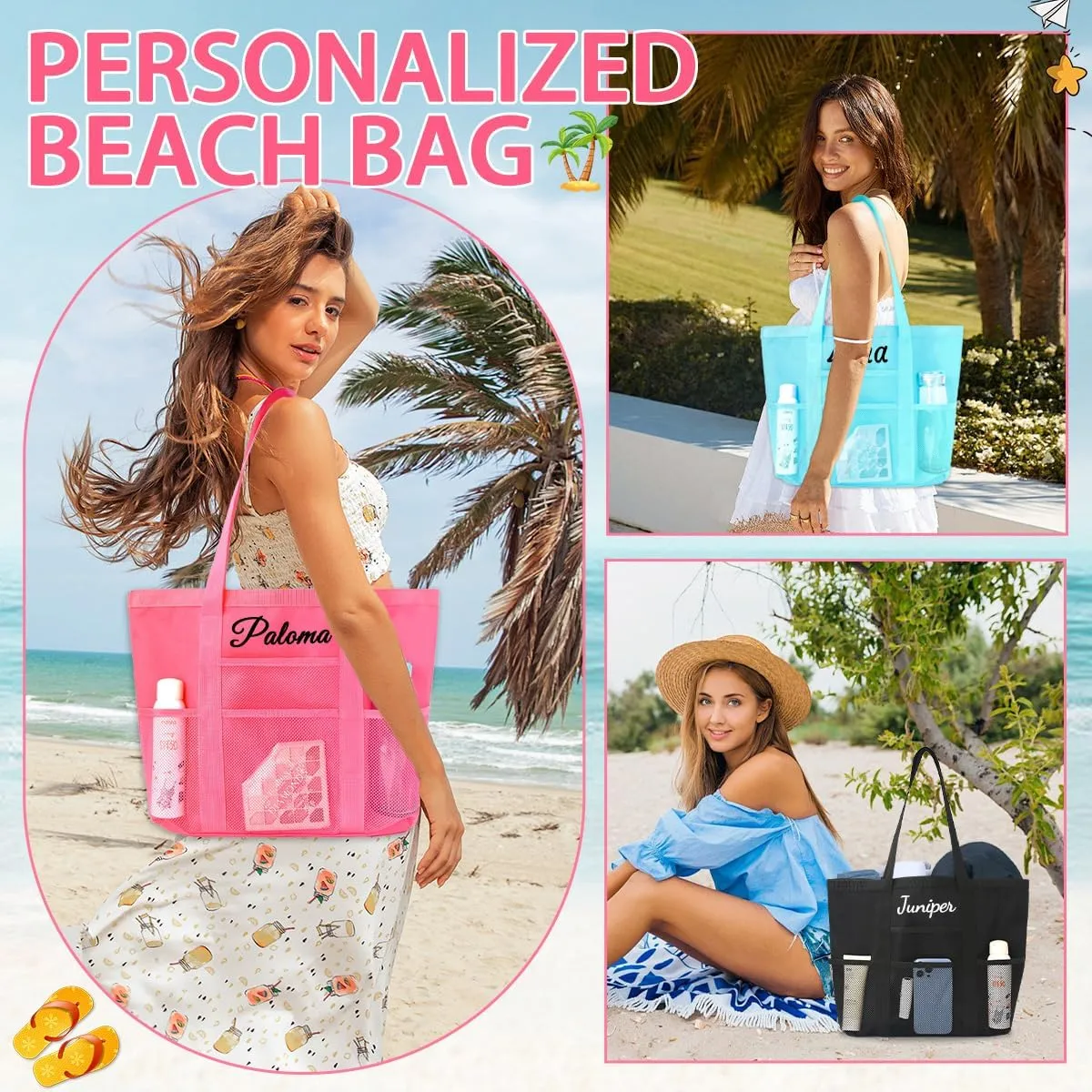 Ulico Personalized Beach Bag Embroidered NameCustom Mesh Tote Bag for Women, Foldable Shoulder Bags for Swimming Pools
