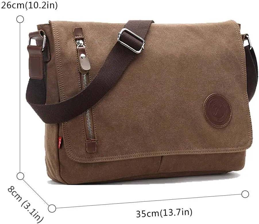 Unisex Messenger Bag Casual Canvas Bag Shoulder Sling Bag Satchel Messenger Bag for Men Work Office 13 inch Laptop Bag (Medium-Coffee)
