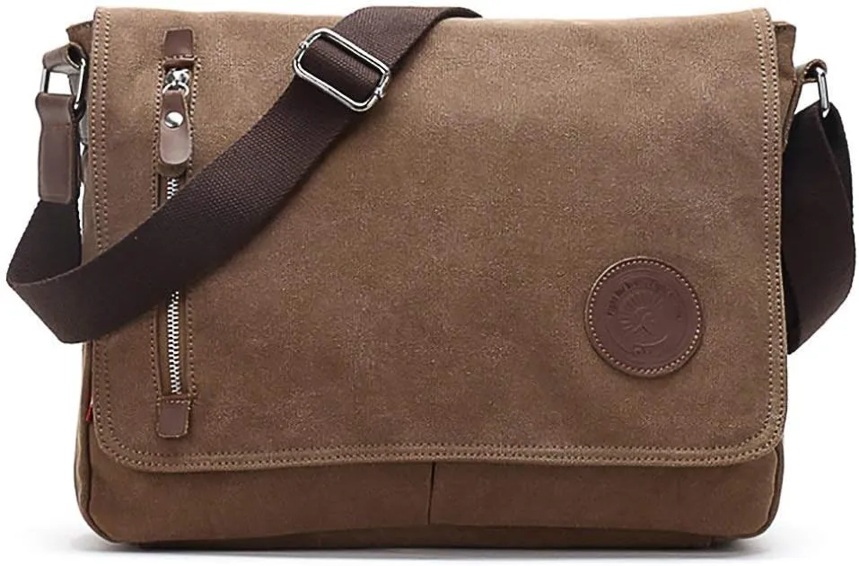 Unisex Messenger Bag Casual Canvas Bag Shoulder Sling Bag Satchel Messenger Bag for Men Work Office 13 inch Laptop Bag (Medium-Coffee)