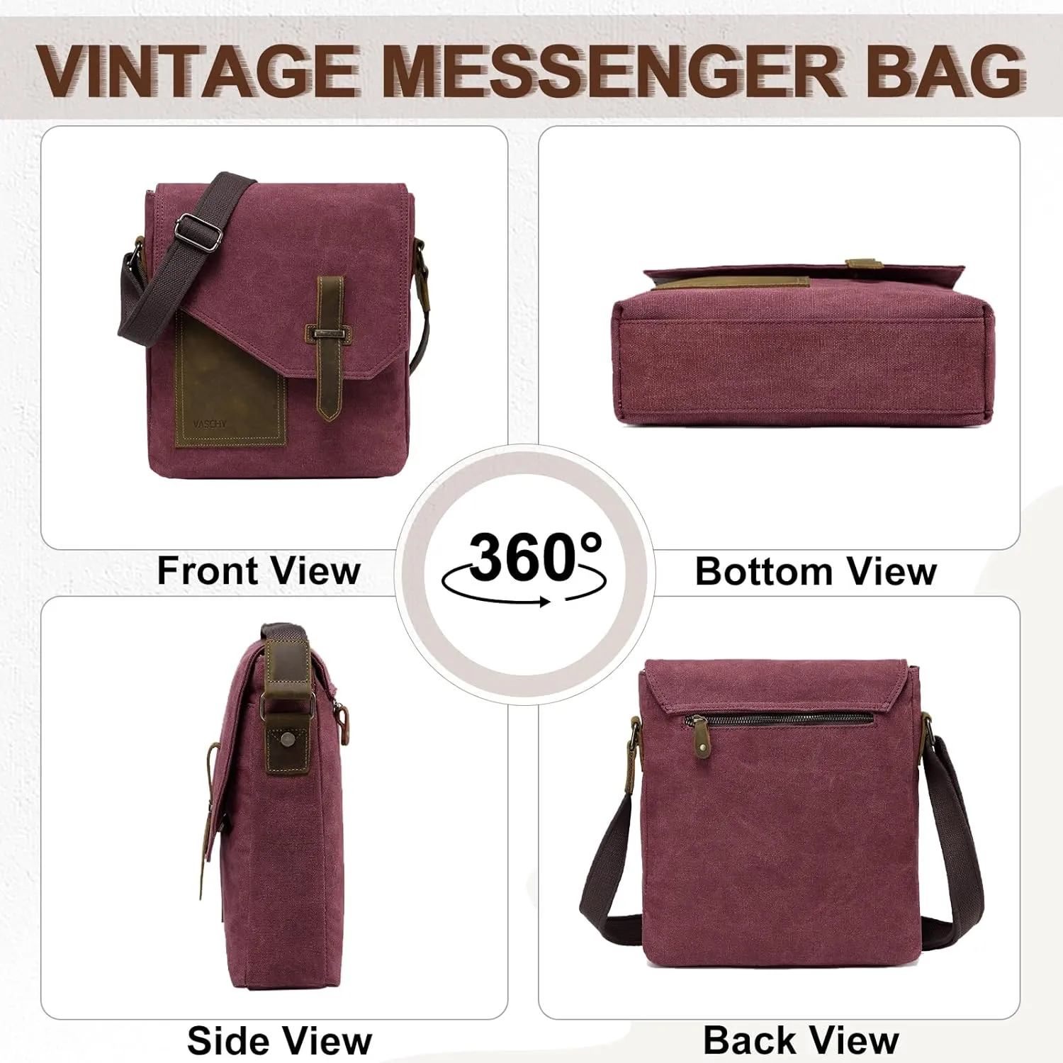VASCHY Small Messenger Bag, Vintage Canvas Leather Lightweight Crossbody Bag