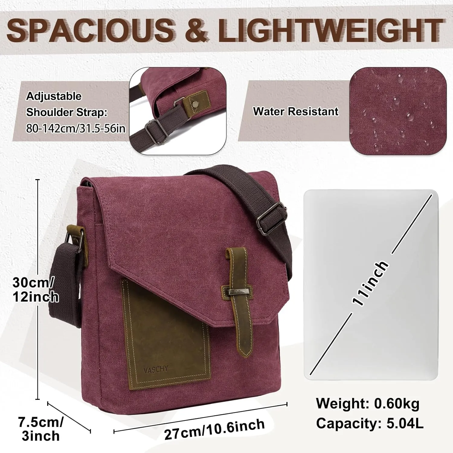 VASCHY Small Messenger Bag, Vintage Canvas Leather Lightweight Crossbody Bag