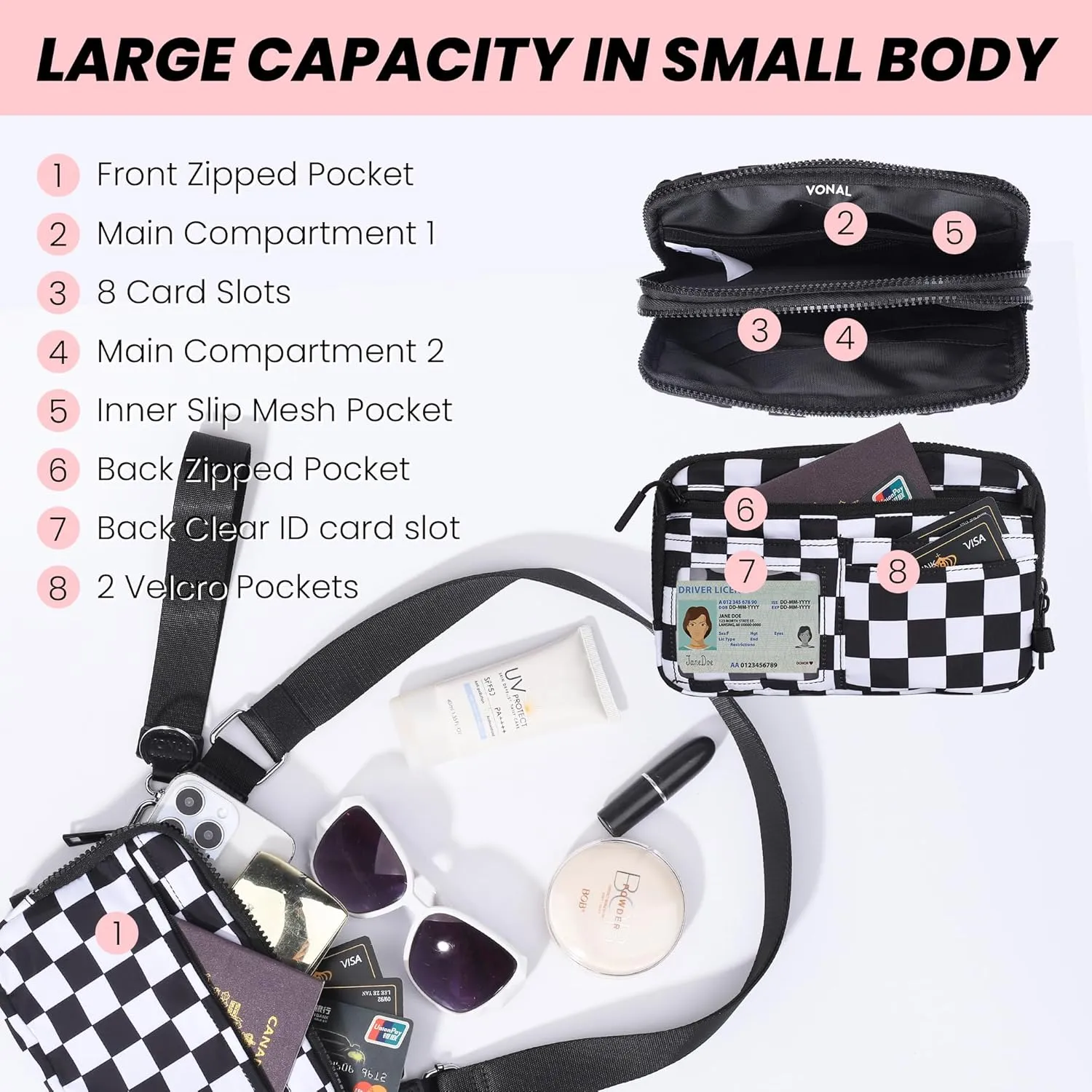 VONAL Wristlet Wallets for Women, RFID Wristlet Purse Built in Wallet, Small Nylon Crossbody Bags, Credit Card Holder