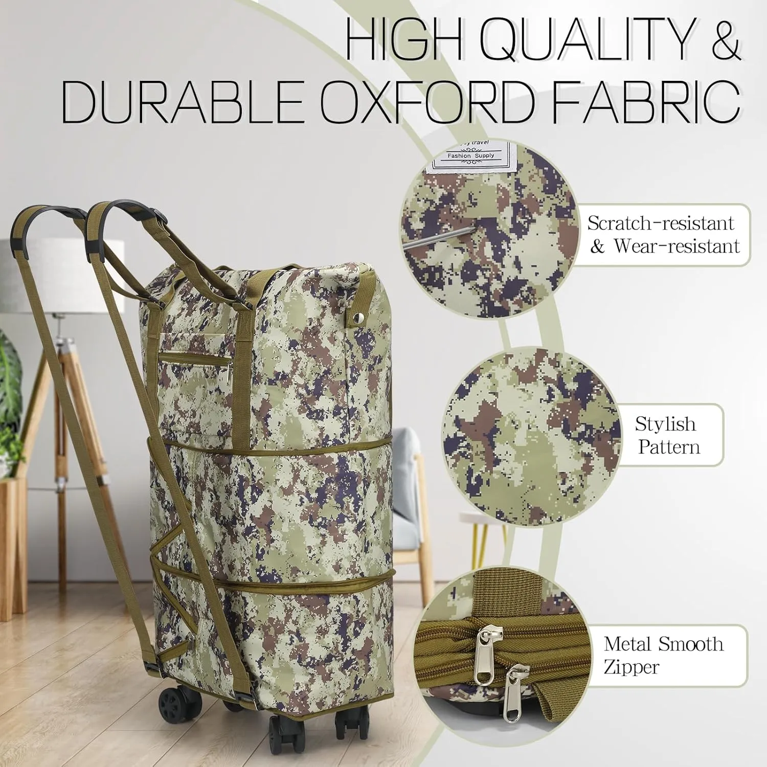 VOOWO Duffel Bag with Wheels - Rolling Foldable Expandable Duffle Bag with Wheels for Travel, Rolling Luggage Carry On Bag with Wheels, Large Rolling Backpack Weekend Bags for Men Women (Camouflage)