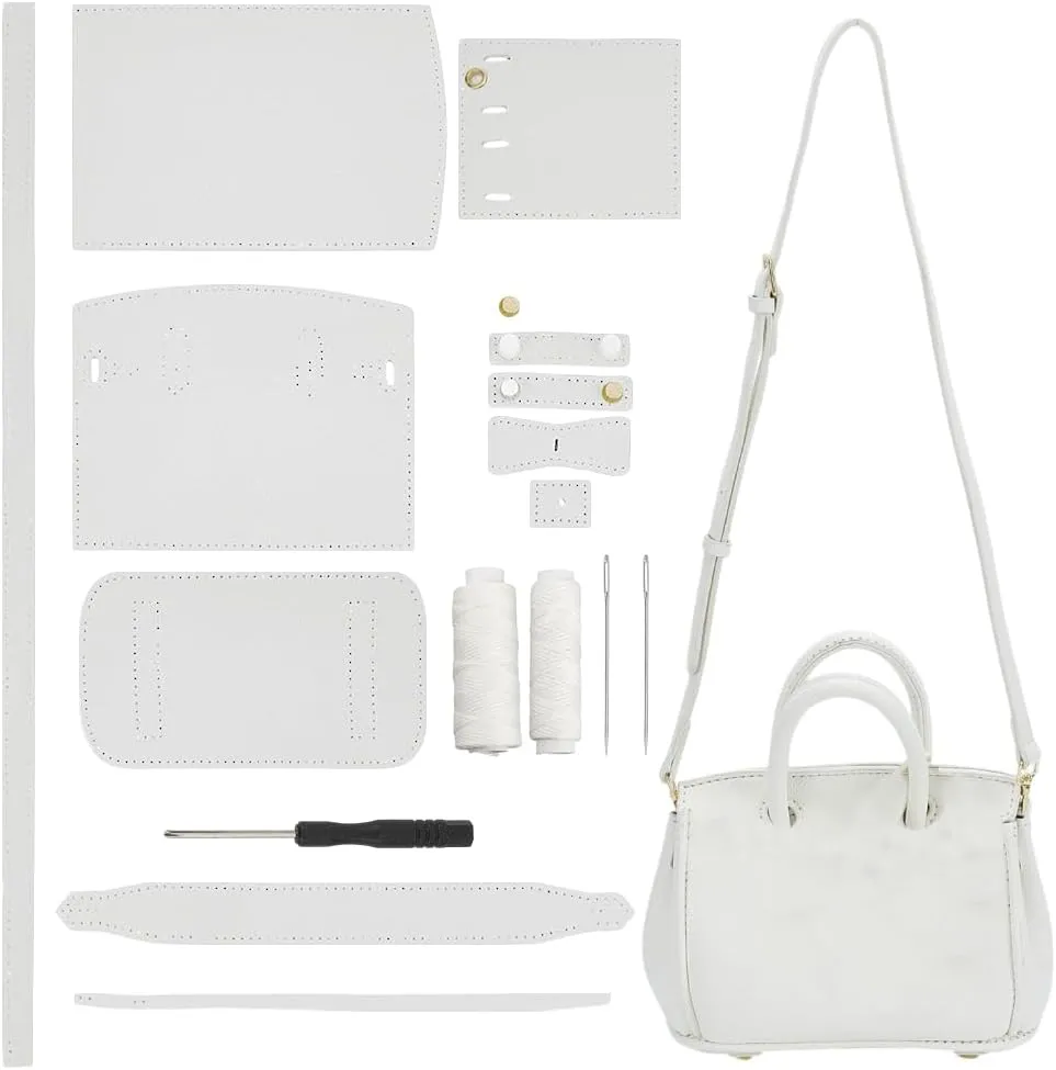 WADORN DIY PU Leather Handmade Bag Making Kit, PU Leather Crossbody Top Handle Purse Material Tool Set Women's Satchel Handbag Purse Making Kit for DIY Bag Sewing, White, 8.7x4.5x6.3 Inch