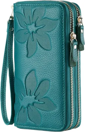 Wallets for Women Wristlet RFID Blocking Genuine Leather Double Zipper Credit Card Holder Large Ladies Clutch Purse