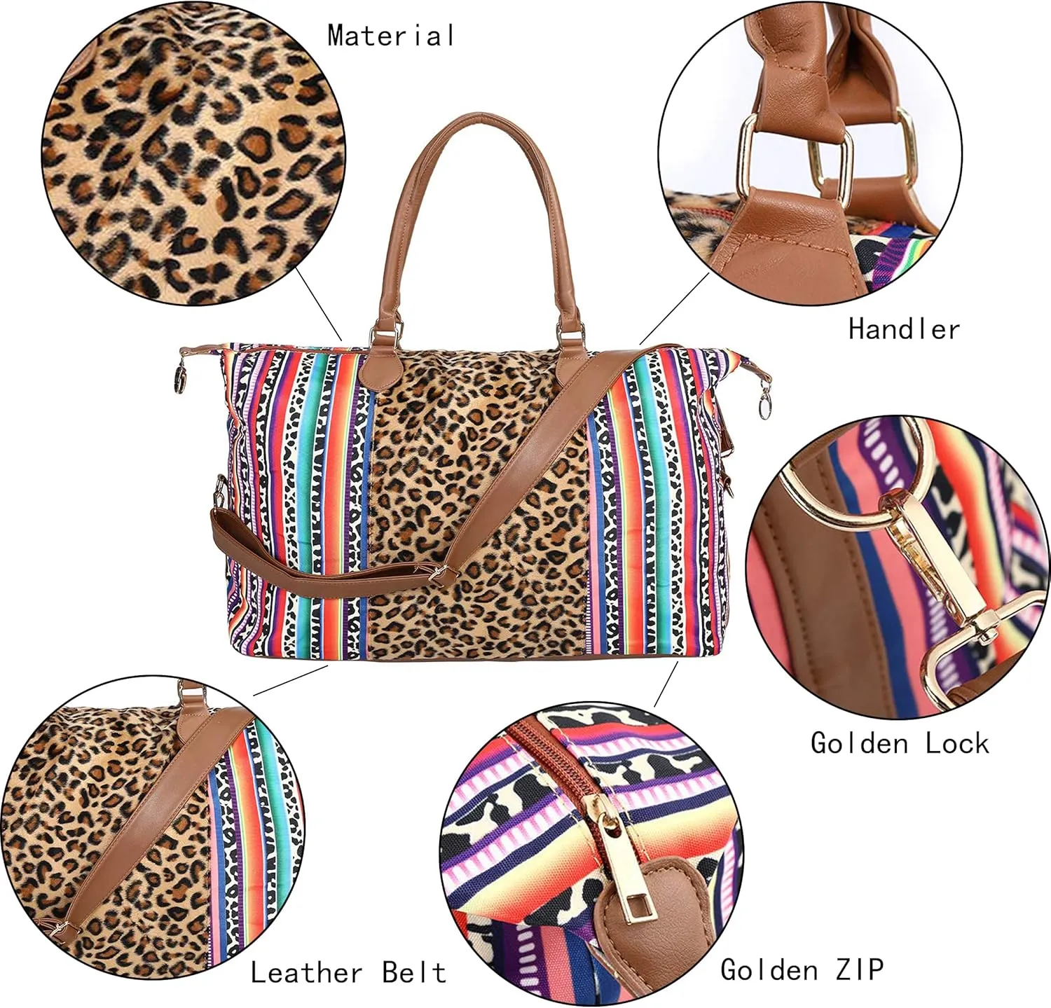 Weekender Bag Duffle Bag For Women Large Travel Tote Bag Overnight Weekend Bags With Shoulder Strap Cow Leopard Atzec