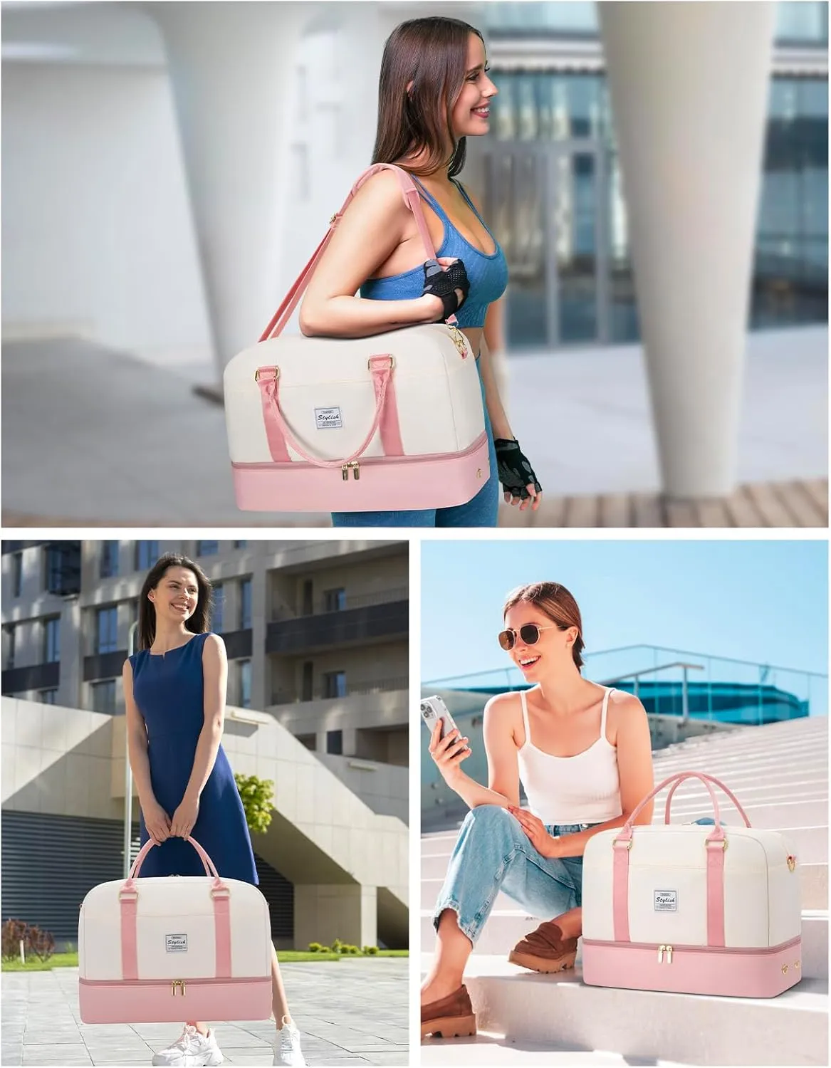 Weekender Bags for Women Travel Duffel- Overnight Bag for Women with Shoe Compartment Carry On Duffle Weekend Yoga Gym Bag Beige Pink