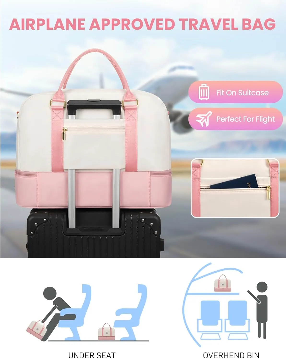 Weekender Bags for Women Travel Duffel- Overnight Bag for Women with Shoe Compartment Carry On Duffle Weekend Yoga Gym Bag Beige Pink