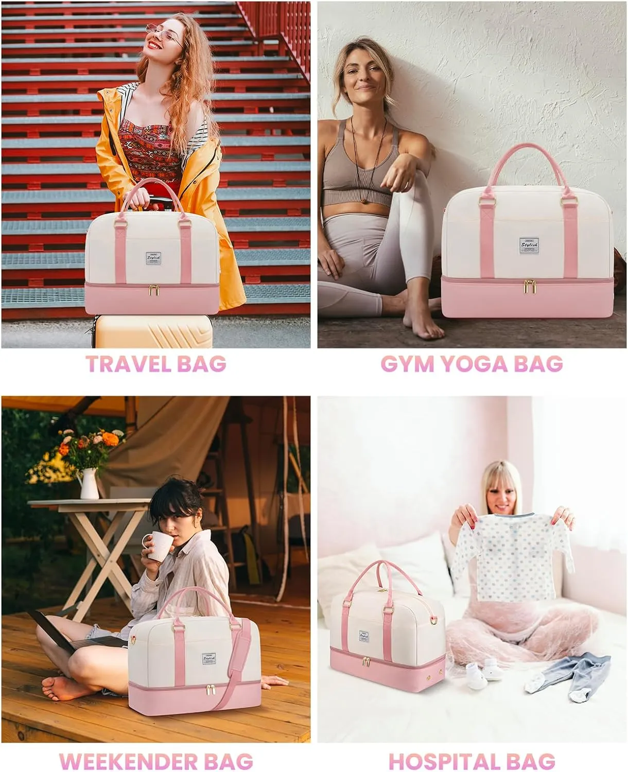 Weekender Bags for Women Travel Duffel- Overnight Bag for Women with Shoe Compartment Carry On Duffle Weekend Yoga Gym Bag Beige Pink
