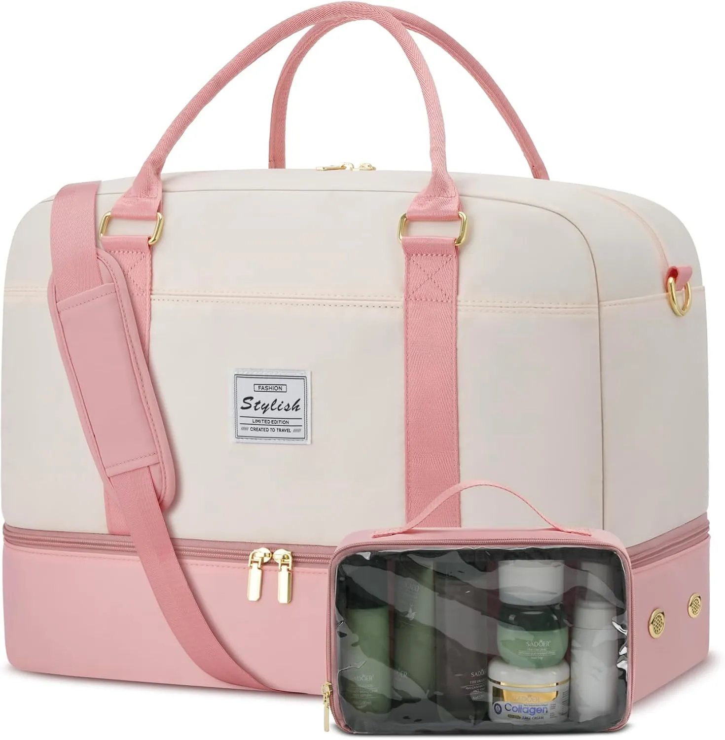 Weekender Bags for Women Travel Duffel- Overnight Bag for Women with Shoe Compartment Carry On Duffle Weekend Yoga Gym Bag Beige Pink