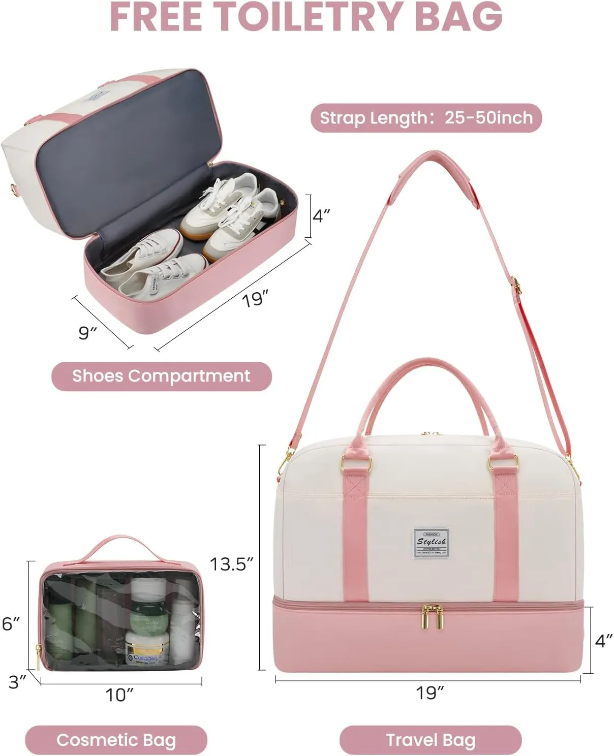 Weekender Bags for Women Travel Duffel- Overnight Bag for Women with Shoe Compartment Carry On Duffle Weekend Yoga Gym Bag Beige Pink