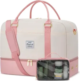 Weekender Bags for Women Travel Duffel- Overnight Bag for Women with Shoe Compartment Carry On Duffle Weekend Yoga Gym Bag Beige Pink